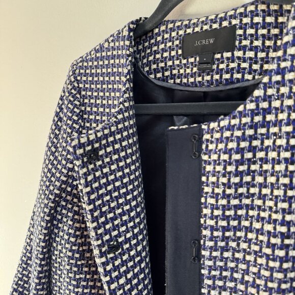 J. Crew Blazer Jacket Silk 8 Tweed Knit Checker Blue Black White Holiday Party - Picture 4 of 9